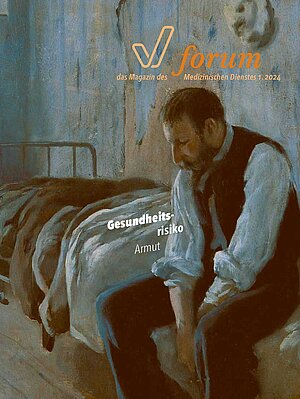 Titelseite des Magazins forum 1/2024: "Mein Zimmer in Paris" (Gem&auml;lde des Malers Santiago Rusi&ntilde;ol i Prats) zeigt eine karge Kammer mit einem Bett, auf dem ein Mann mit h&auml;ngenden Schultern und gesenktem Blick sitzt.