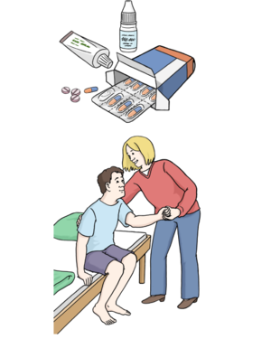 drei Bilder: eine Packung Medikamente; eine Person hilft einer anderen Person, aus dem Bett aufzustehen; eine Person liegt in einem Krankenhausbett