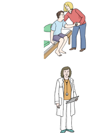 zwei Bilder: eine Person hilft einer anderen Person, aus dem Bett aufzustehen; eine Ärztin