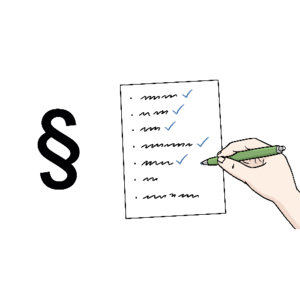ein Paragraf-Symbol und eine Hand, die mehrere Punkte einer Liste mit einem Stift abhakt