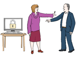Im Hintergrund steht ein Computer mit einem Schloss-Symbol. Eine Frau stellt sich schützend davor und hält einem Mann die ausgestreckte Hand entgegen.