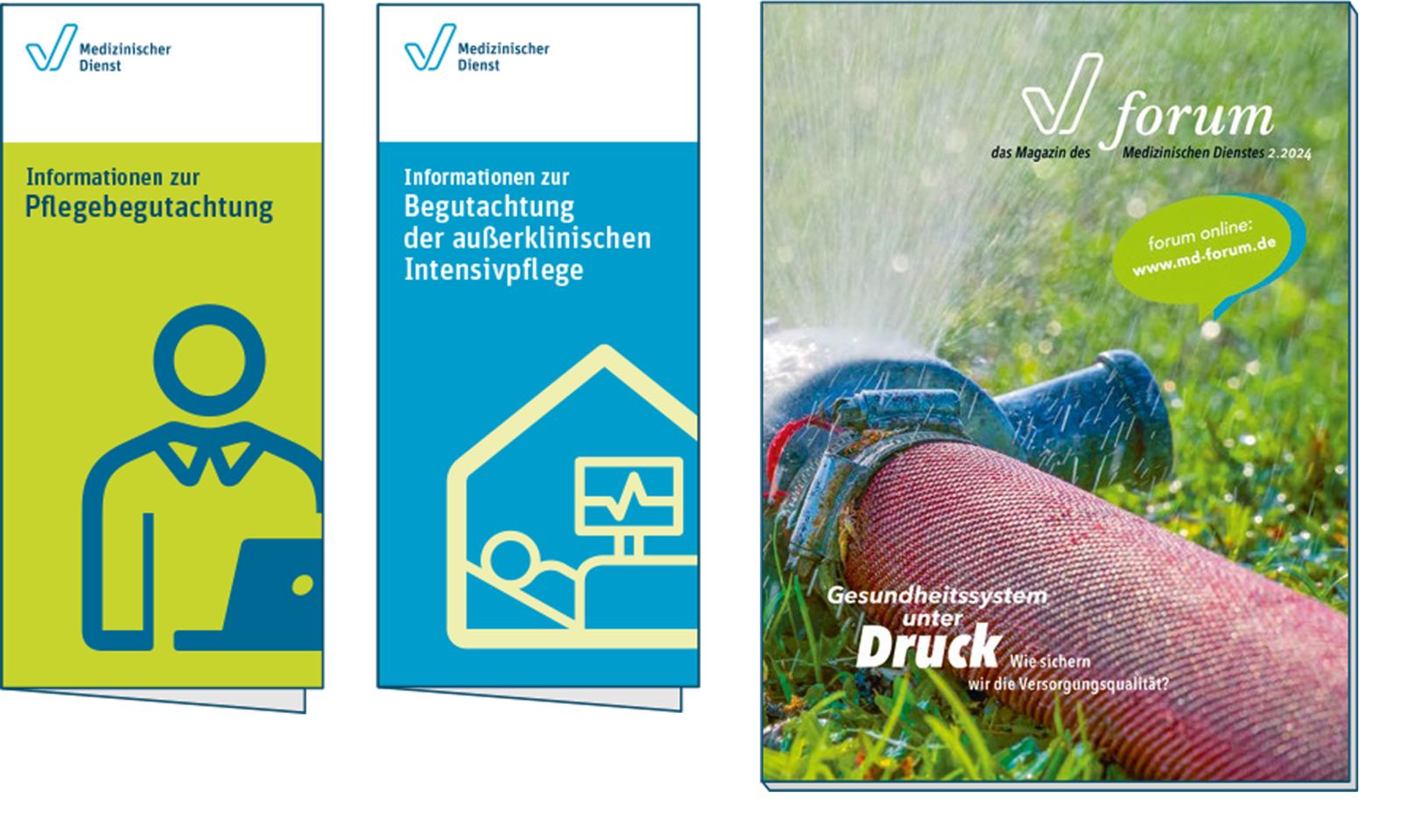 Großansicht: Flyer zur Pflegebegutachtung und zur außerklinischen Intensivpflege sowie Titel des "forum", dem Magazin der Medizinischen Dienste