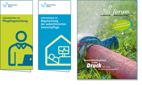 Gro&szlig;ansicht: Flyer zur Pflegebegutachtung und zur au&szlig;erklinischen Intensivpflege sowie Titel des "forum", dem Magazin der Medizinischen Dienste